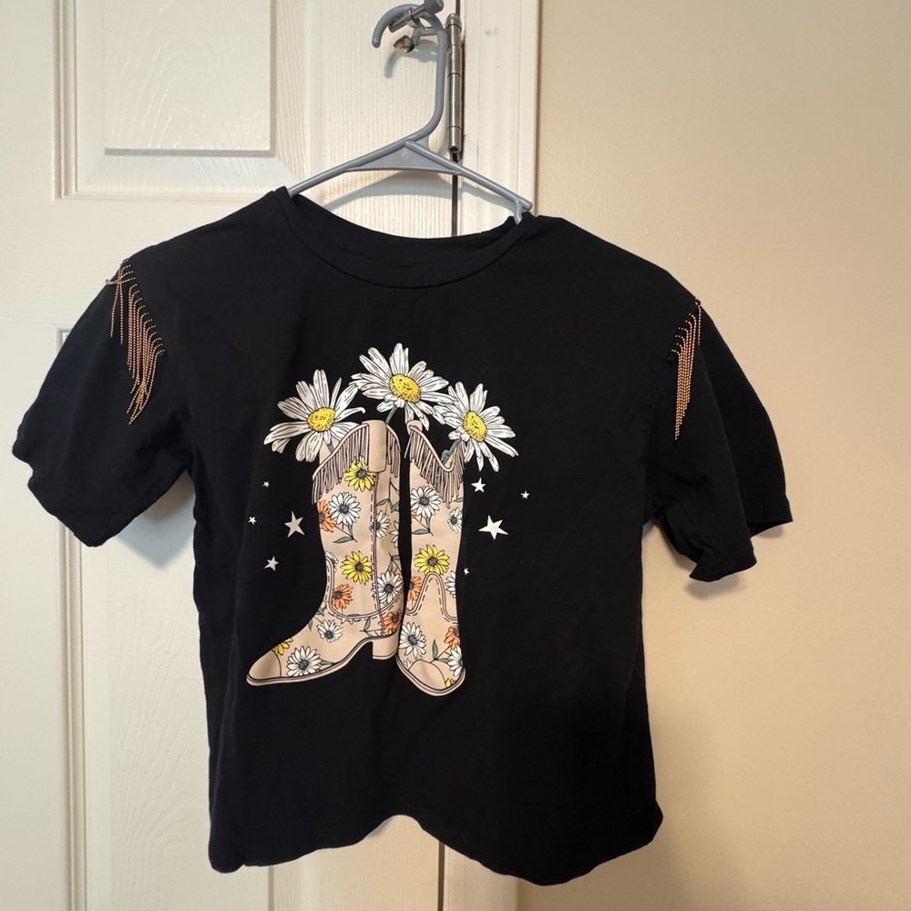 Black T-Shirt with Floral Boot Design